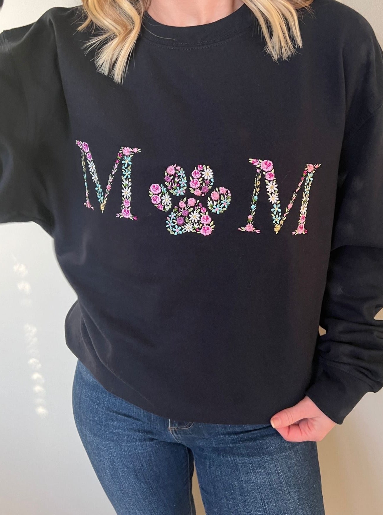 Navy Floral Mom Embroidery Sweater